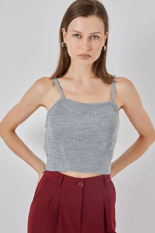 Kadın Askılı Crop Top Bluz 15934 - Gri