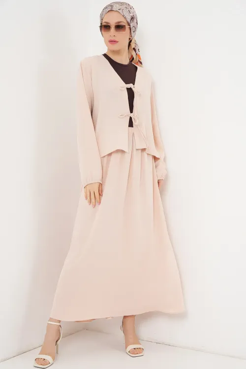 Kadın Ayrobin Kimono Etek İkili Takım 8047 - Krem