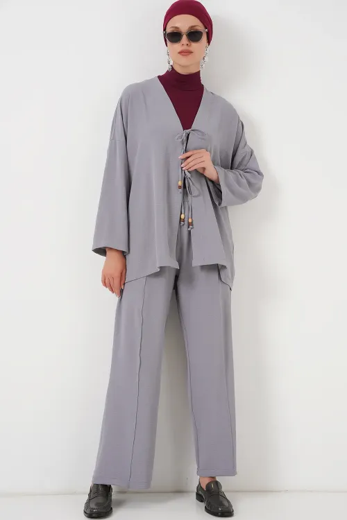 Kadın Ayrobin Kimono Pantolon İkili Takım 6739 - Gri