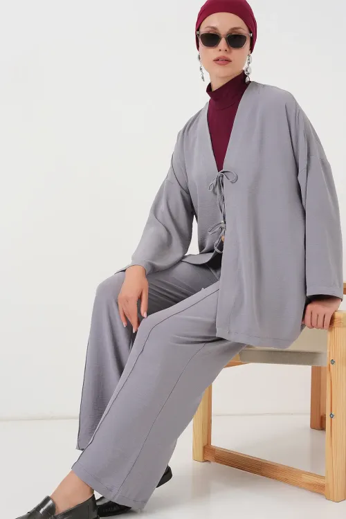 Kadın Ayrobin Kimono Pantolon İkili Takım 6739 - Gri