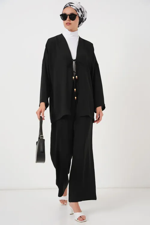 Kadın Ayrobin Kimono Pantolon İkili Takım 6739 - Siyah