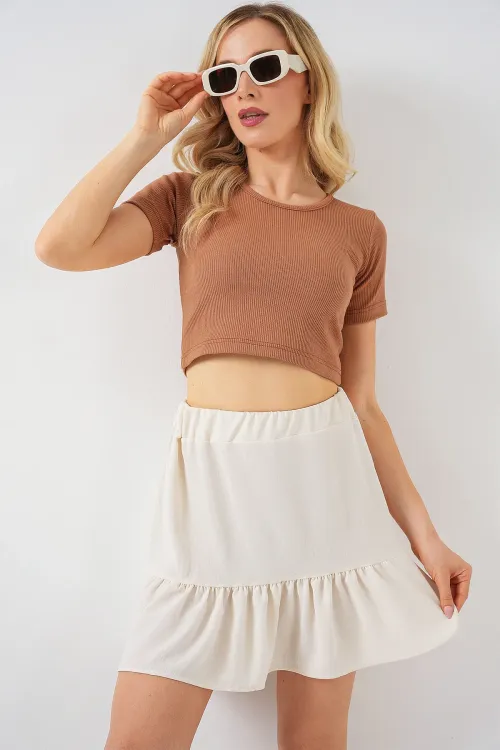 Kadın Ayrobin Mini Etek 8054 - Ekru