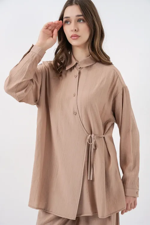 Kadın Bağcıklı Tunik Pantolon İkili Takım 6752 - Bej