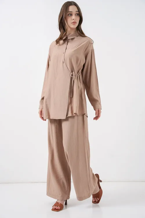 Kadın Bağcıklı Tunik Pantolon İkili Takım 6752 - Bej