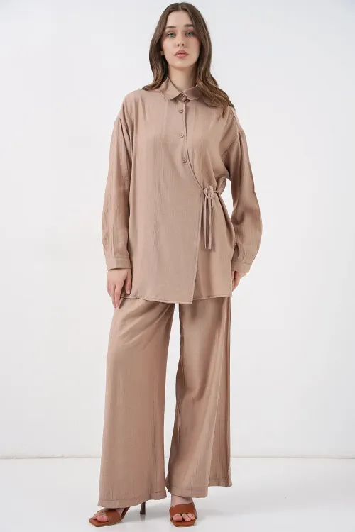 Kadın Bağcıklı Tunik Pantolon İkili Takım 6752 - Bej