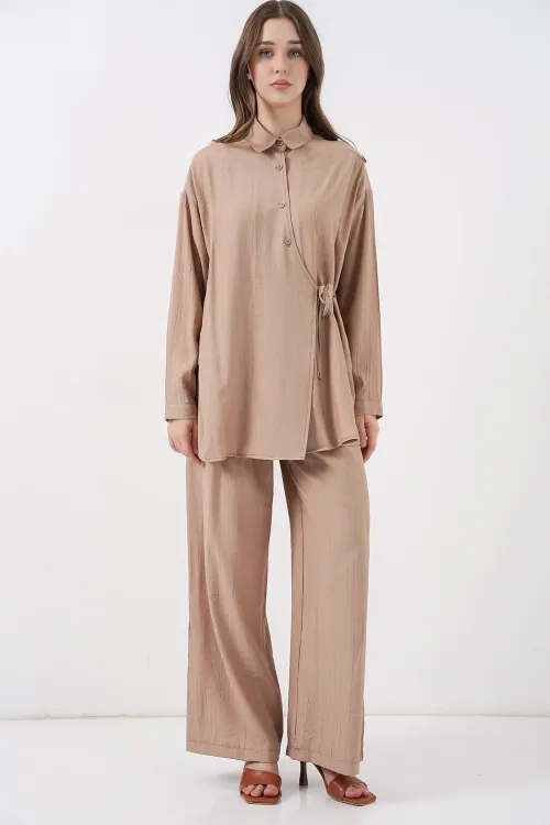 Kadın Bağcıklı Tunik Pantolon İkili Takım 6752 - Bej