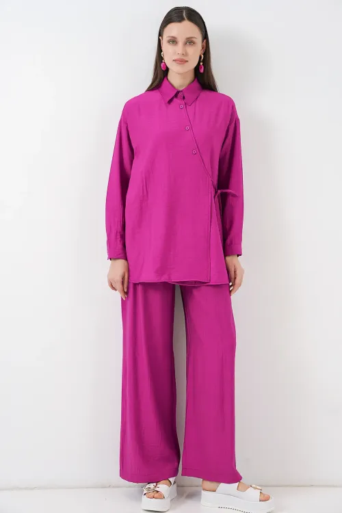 Kadın Bağcıklı Tunik Pantolon İkili Takım 6752 - Fuşya