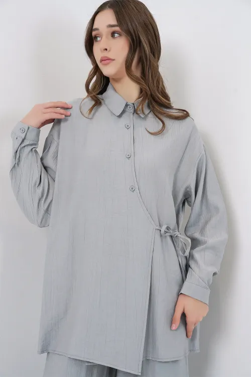 Kadın Bağcıklı Tunik Pantolon İkili Takım 6752 - Gri