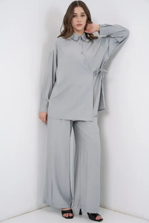 Kadın Bağcıklı Tunik Pantolon İkili Takım 6752 - Gri