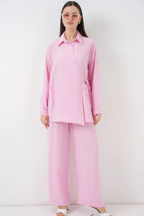 Kadın Bağcıklı Tunik Pantolon İkili Takım 6752 - Pudra