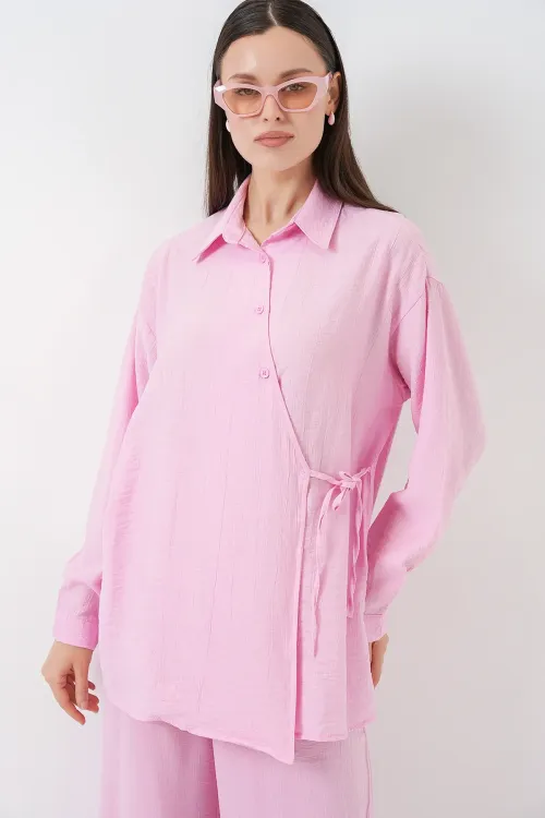 Kadın Bağcıklı Tunik Pantolon İkili Takım 6752 - Pudra