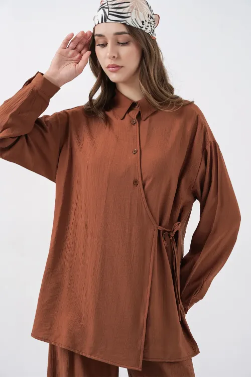 Kadın Bağcıklı Tunik Pantolon İkili Takım 6752 - Taba