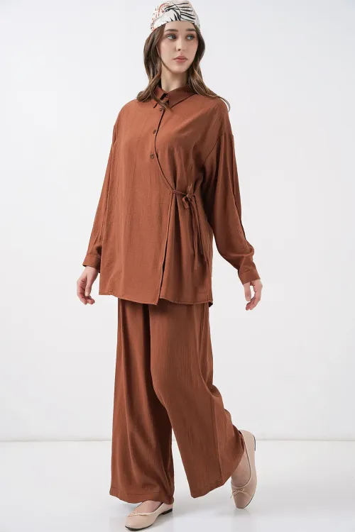 Kadın Bağcıklı Tunik Pantolon İkili Takım 6752 - Taba