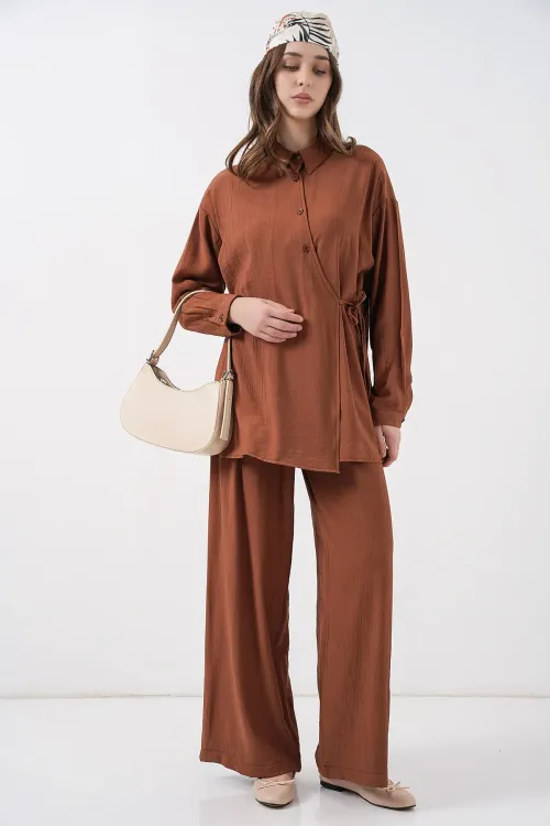 Kadın Bağcıklı Tunik Pantolon İkili Takım 6752 - Taba