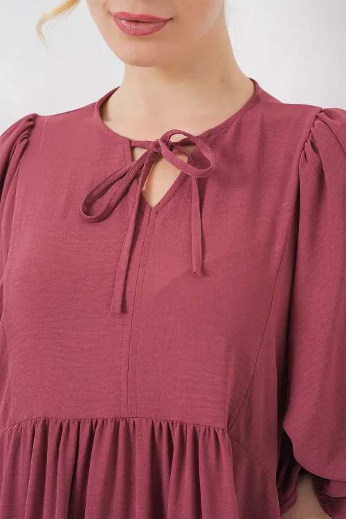 Kadın Balon Kol Uzun Tesettür Elbise 2464 - D.Gül Kurusu