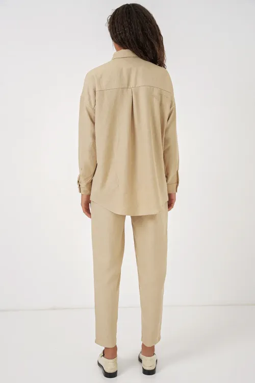 Kadın Bej Oversize Keten Alt Üst Takım 6622