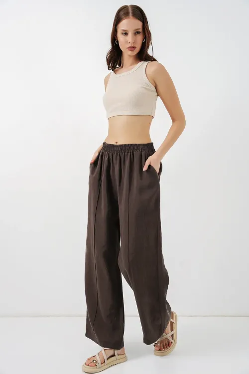 Kadın Beli Lastikli Bol Paça Pantolon 30087 - A.Kahve