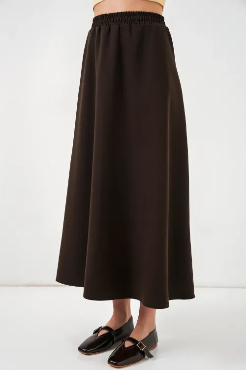 Kadın Beli Lastikli Uzun Etek 8072 - Kahverengi