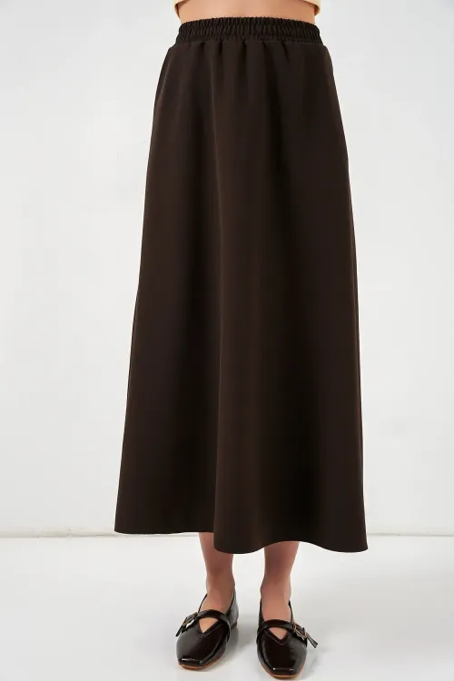 Kadın Beli Lastikli Uzun Etek 8072 - Kahverengi