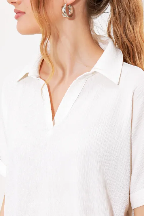 Kadın Beyaz Oversize Polo Yaka Örme Bluz 0486