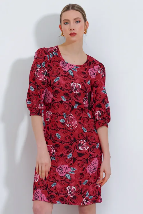 Kadın Bordo Gül Desenli Midi Elbise 2477