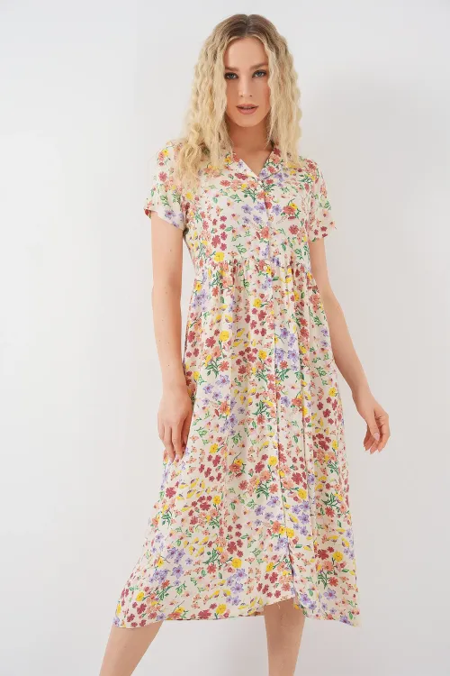 Kadın Boydan Düğmeli Kısa Kol Çiçekli Elbise 2561 - Krem