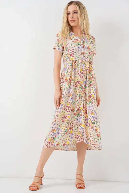 Kadın Boydan Düğmeli Kısa Kol Çiçekli Elbise 2561 - Krem