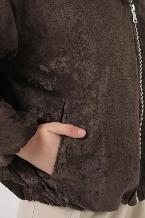 Kadın Büzgülü Oversize Kadife Ceket 0733 - Kahverengi