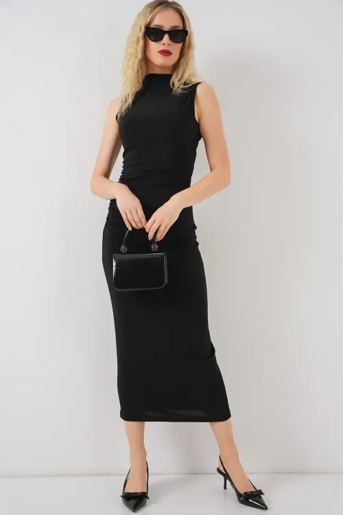 Kadın Büzgülü Sıfır Kol Drapeli Elbise 2579 - Siyah