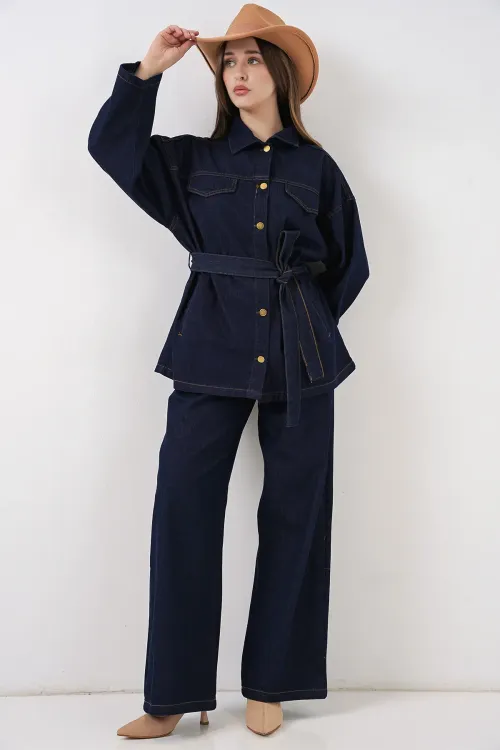 Kadın Ceket Pantolon Kot İkili Takım 30059 - Lacivert