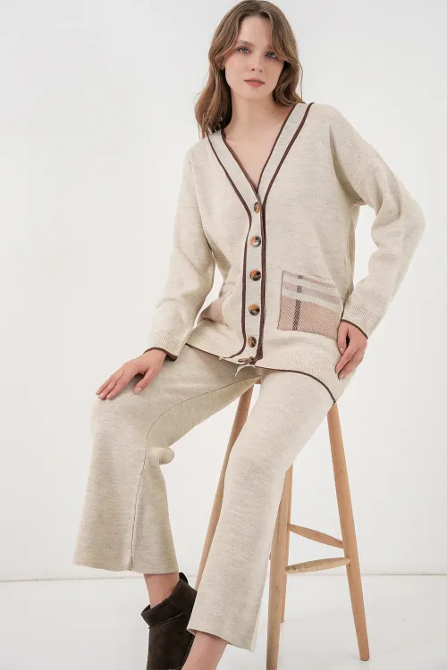 Kadın Cepli Hırka Triko İkili Takım 15964 - Ekru