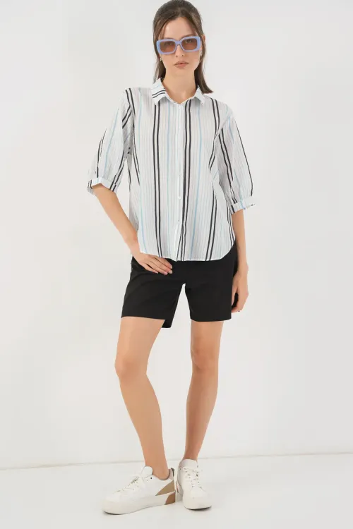 Kadın Çizgili Kısa Kol Gömlek 20345 - Açık Mavi
