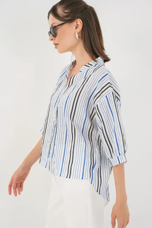 Kadın Çizgili Oversize Bluz 967 - Lacivert