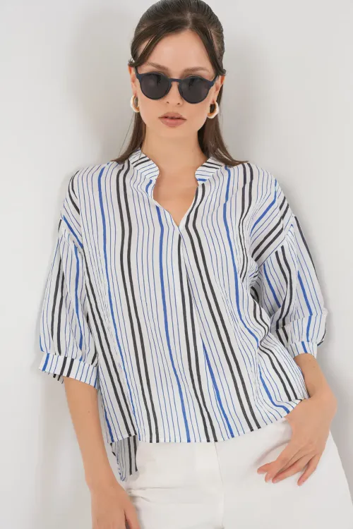 Kadın Çizgili Oversize Bluz 967 - Lacivert