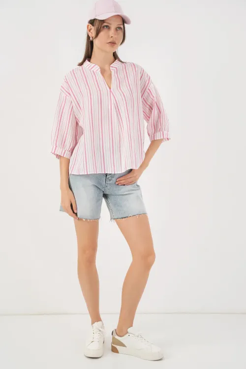 Kadın Çizgili Oversize Bluz 967 - Pudra