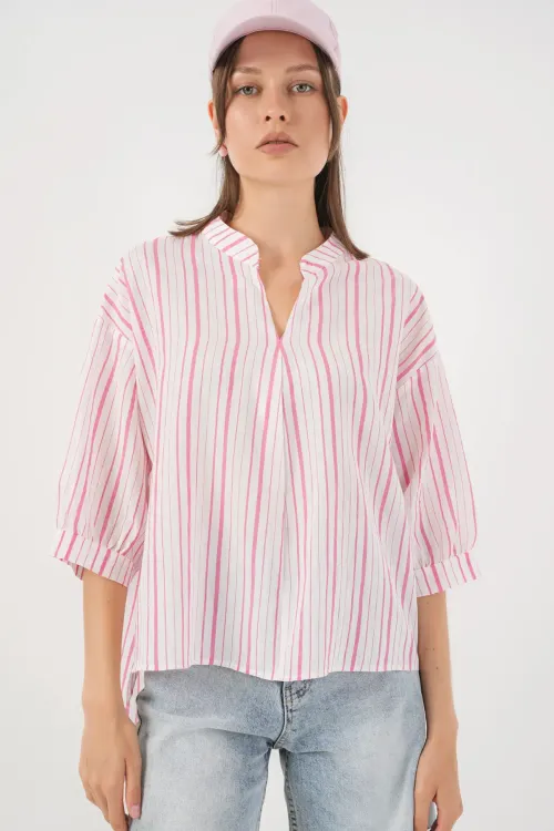 Kadın Çizgili Oversize Bluz 967 - Pudra
