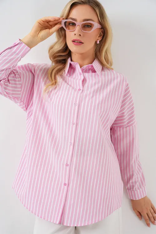 Kadın Çizgili Oversize Gömlek 20332 - Pudra