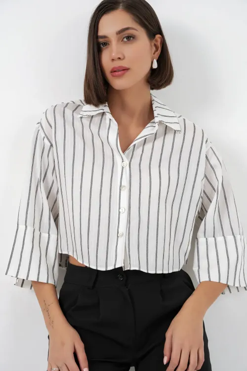 Kadın Çizgili Oversize Kısa Gömlek 20326 - B.Beyaz
