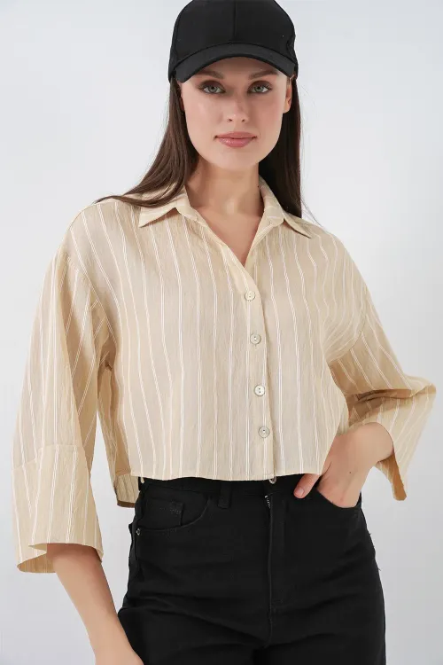 Kadın Çizgili Oversize Kısa Gömlek 20326 - Bej