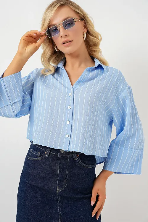 Kadın Çizgili Oversize Kısa Gömlek 20326 - Mavi