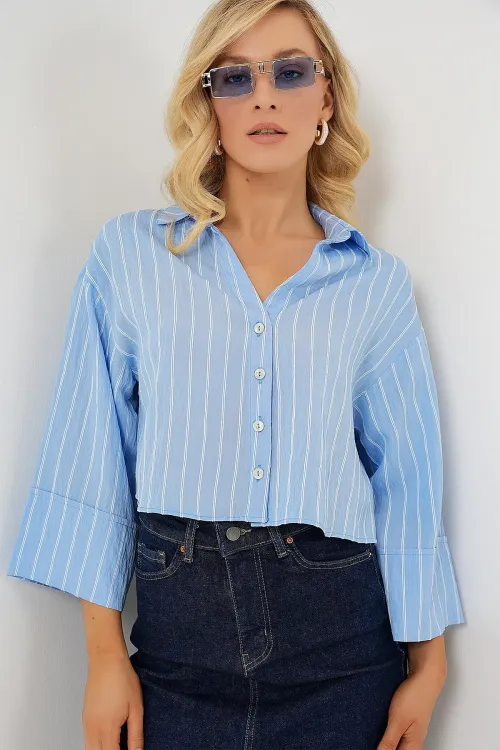 Kadın Çizgili Oversize Kısa Gömlek 20326 - Mavi