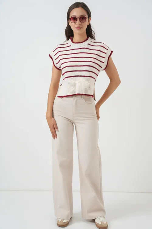 Kadın Çizgili Triko Süveter 15926 - Bordo