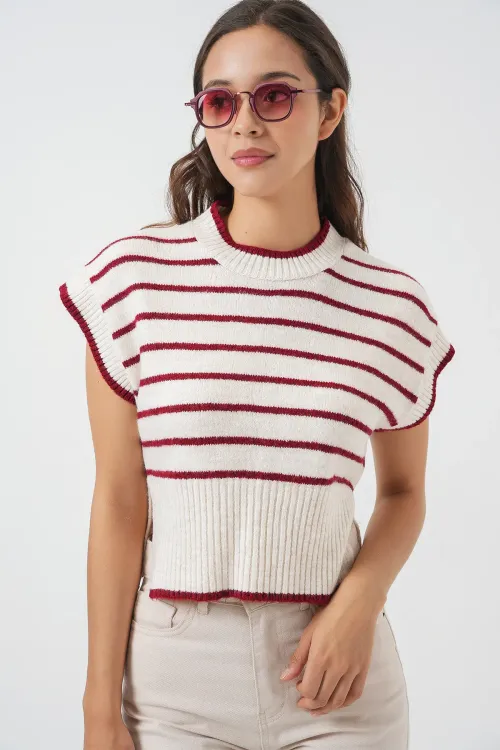 Kadın Çizgili Triko Süveter 15926 - Bordo