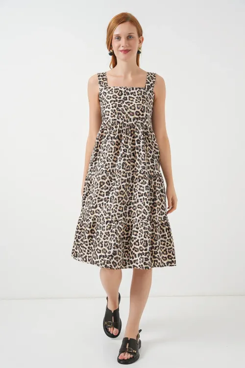 Kadın Desenli Askılı Midi Elbise 2577 - C. Kahverengi