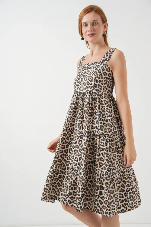 Kadın Desenli Askılı Midi Elbise 2577 - C. Kahverengi