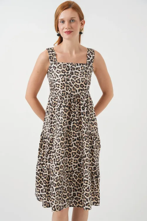 Kadın Desenli Askılı Midi Elbise 2577 - C. Kahverengi