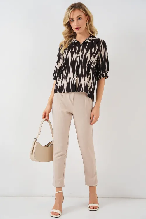 Kadın Desenli Kısa Kol Crop Gömlek 20337 - Siyah