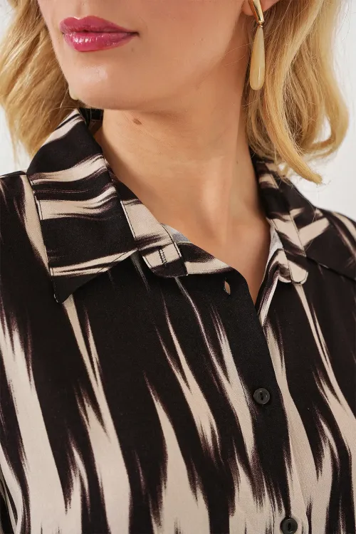 Kadın Desenli Kısa Kol Crop Gömlek 20337 - Siyah