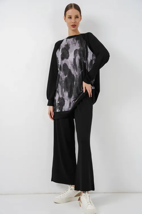 Kadın Desenli Oversize Tunik Pantolon İkili Takım 55462 - Siyah
