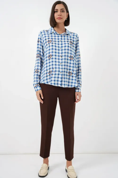 Kadın Desenli Oversize Viskon Gömlek 20371 - Mavi